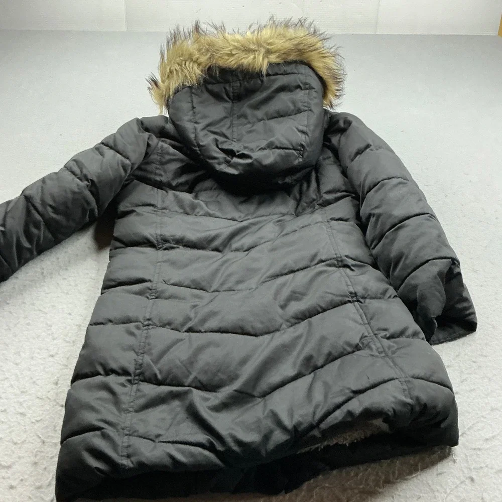 Lands' End Puffer Parka Faux Fur Hood Black Girl Small PrimaLoft Quilted Coat